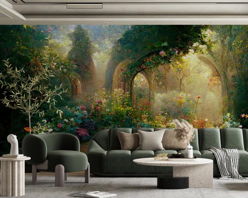 Fantasy Fairy Garden with Colorful Flowers and Green Plants Wallpaper Mural A10176800 for living room