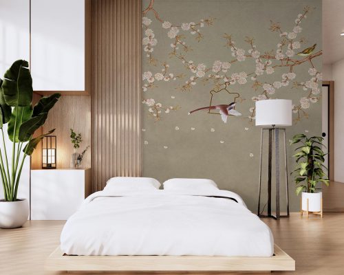 Birds on a Flower Tree Branches in Gray Background Wallpaper Mural A10177500 for bedroom