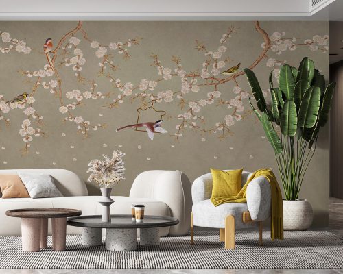 Birds on a Flower Tree Branches in Gray Background Wallpaper Mural A10177500 for living room