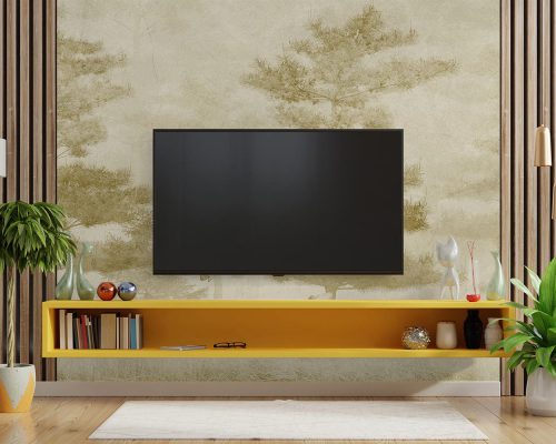Cream Pine Forest and Rabbits Wallpaper Mural A10177700 behind TV