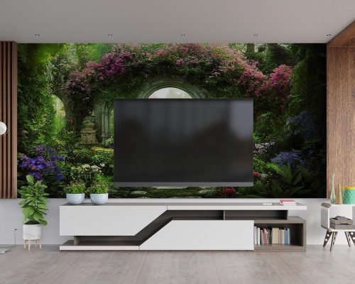 Fantasy Fairy Garden with Colorful Flowers and Green Plants Wallpaper Mural A10179000 behind TV