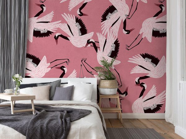 White Storks in Pink Background Wallpaper Mural A10180000 for bedroom