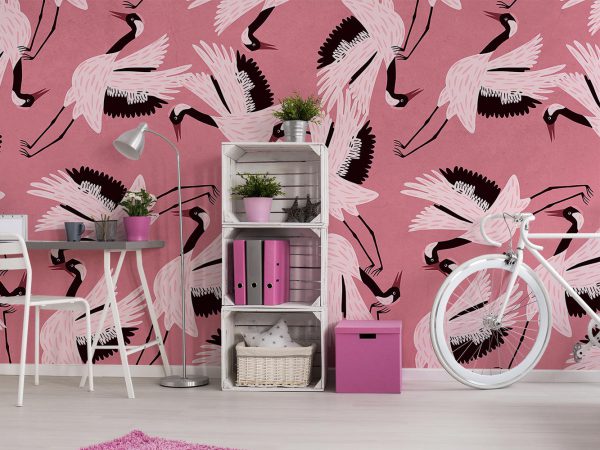 White Storks in Pink Background Wallpaper Mural A10180000 for girl room