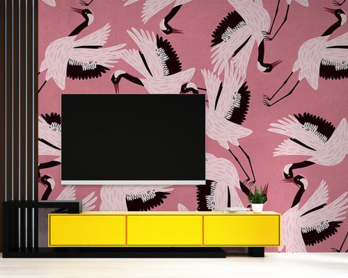 White Storks in Pink Background Wallpaper Mural A10180000 behind TV