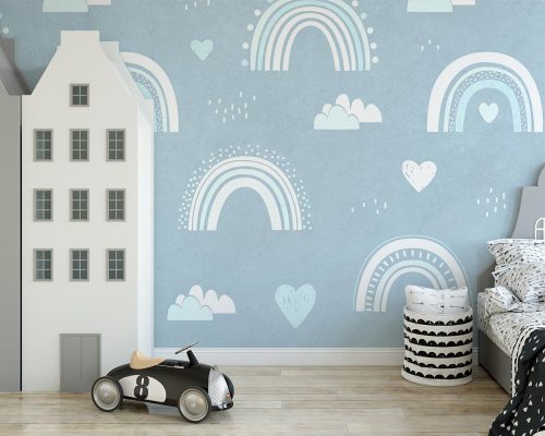White Rainbow Pattern in Soft Blue Background Wallpaper Mural A10180600 for kids room