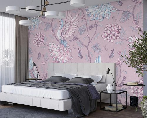 Peacocks on Flower Tree Branches in Lilac Background Wallpaper Mural A10181100 for bedroom