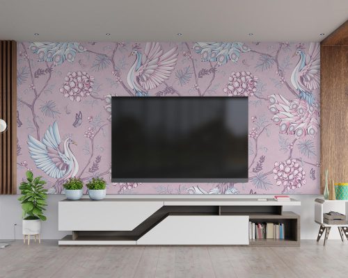 Peacocks on Flower Tree Branches in Lilac Background Wallpaper Mural A10181100 behind TV