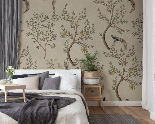 Birds on Trees in Cream Background Wallpaper Mural A10183700 for bedroom