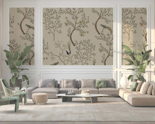 Birds on Trees in Cream Background Wallpaper Mural A10183700 for living room