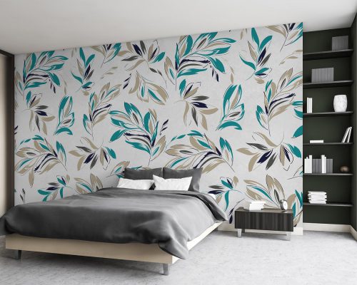 Cream and Blue Leaves in White Background Wallpaper Mural A10184900 forbedroom