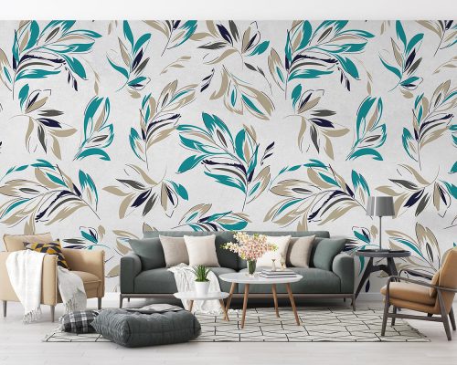 Cream and Blue Leaves in White Background Wallpaper Mural A10184900 for living room