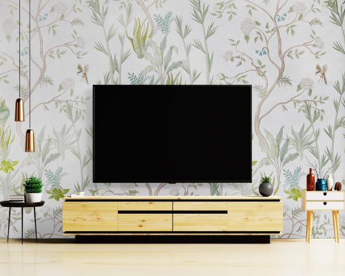 Trees in White Background Wallpaper Mural A10186800 behind TV