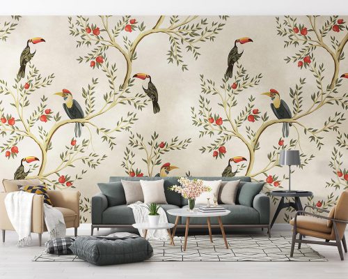 Cartoon Toucans on Pomegranate Trees Wallpaper Mural A10187000 for living room
