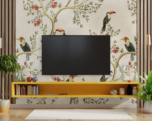 Cartoon Toucans on Pomegranate Trees Wallpaper Mural A10187000 behind TV