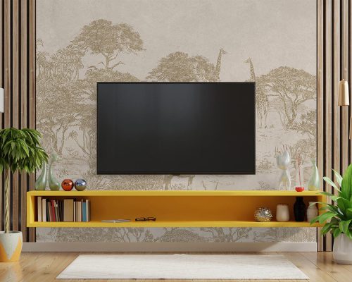 Cream Animals in Forest Wallpaper Mural A10188300 behind TV
