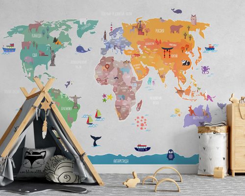 Animals and World Landmarks on Colorful World Map Wallpaper Mural A10192100 for kids room