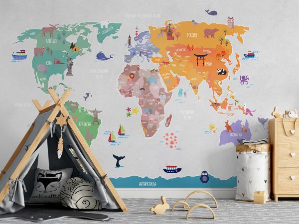 Animals and World Landmarks on Colorful World Map Wallpaper Mural A10192100 for kids room