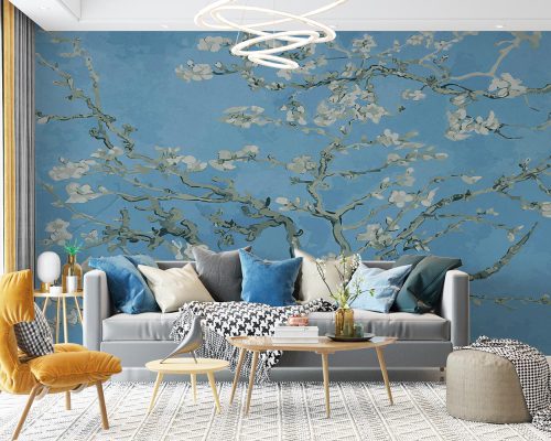 White Blossoms on Tree with Blue Background Wallpaper Mural A10192700 for living room