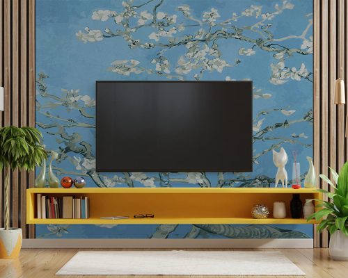 White Blossoms on Tree with Blue Background Wallpaper Mural A10192700 behind TV