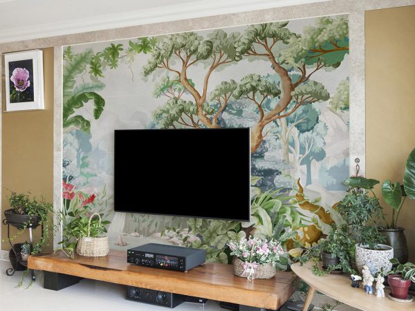 Green Lush Jungle and Waterfall Wallpaper Mural A10194100 behind TV