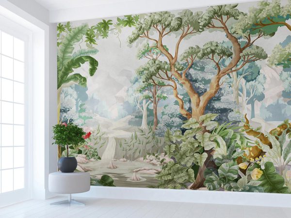 Green Lush Jungle and Waterfall Wallpaper Mural A10194100