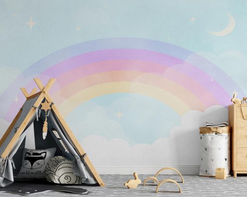 Colorful Cartoon Rainbow in Blue Background Wallpaper Mural A10197100 for kids room