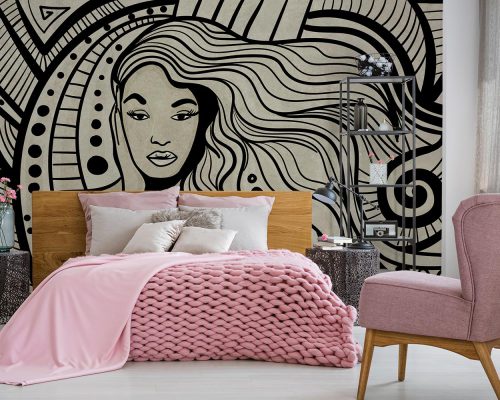 Cream Artistic Woman Face with Long Hair Wallpaper Mural A10197200 for girl room