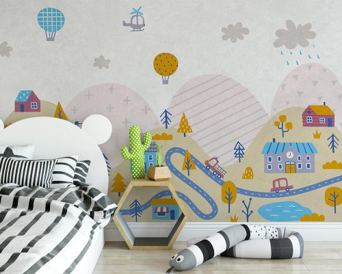 Cream and Gray Cartoon City Wallpaper Mural A10197600 for kids room