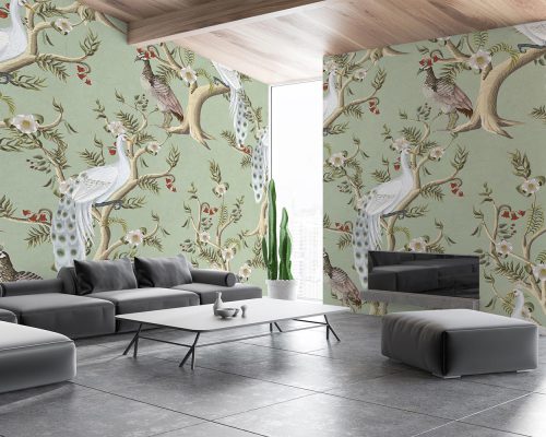 White Peacocks on Tree Branches in Green Background Wallpaper Mural A10197900 for living room
