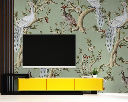 White Peacocks on Tree Branches in Green Background Wallpaper Mural A10197900 behind TV