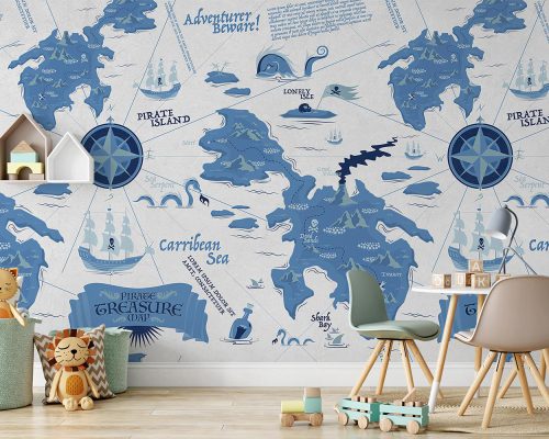 Blue and White Pirates Treasures and World Map Wallpaper Mural A10198400 for kids room