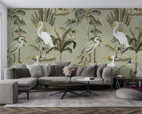White Birds and Trees in Gray Background Wallpaper Mural A10199100 for living room