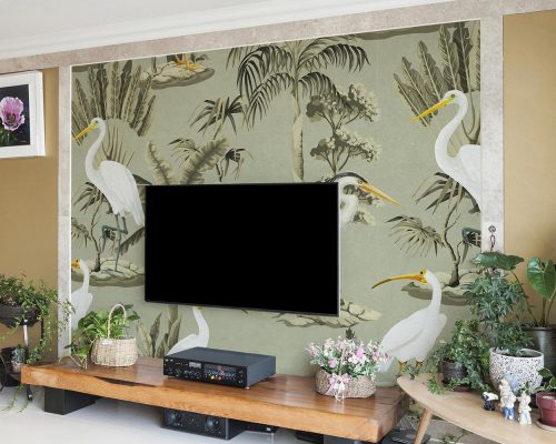 White Birds and Trees in Gray Background Wallpaper Mural A10199100 behind TV