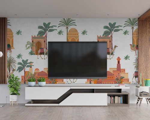 Camels and Old Middle East Buildings Wallpaper Mural A10213600 behind TV