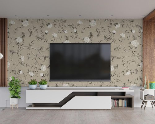 Cream Floral Wallpaper Mural A10217700 behind TV