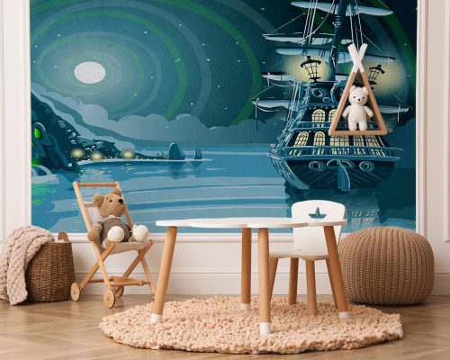 Blue Cartoon Old Ship in the Sea under Moonlight Wallpaper Mural A10218300 for kids room