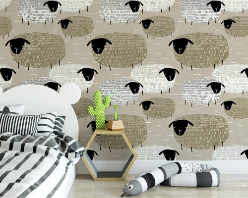 Cartoon Sheeps in Gray Background Wallpaper Mural A10222000 for kids room