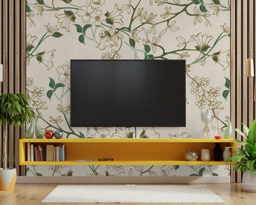 Cream Floral Wallpaper Mural A10222800 behind TV