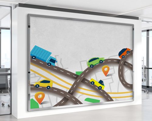 Cartoon Cars and Location Icon on Map Wallpaper Mural A10223900 for office