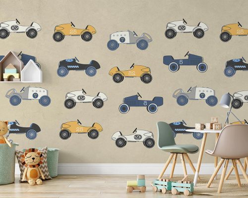 Cartoon Old Racing Cars in Cream Background Wallpaper Mural A10225400 for kids room