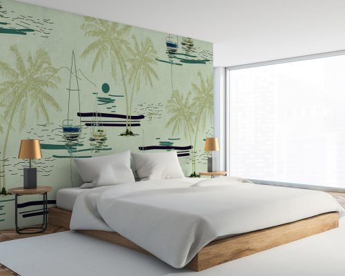 Gray Fishing Boats and Coconut Trees in the Ocean Wallpaper Mural A10226800 for bedroom