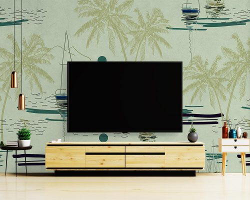 Gray Fishing Boats and Coconut Trees in the Ocean Wallpaper Mural A10226800 behind TV