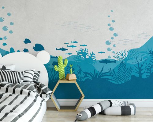 Blue Cartoon Underwater Landscape and Fishes Wallpaper Mural A10227200 for kids room
