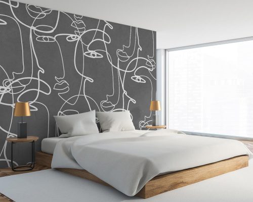 Abstract Line Art Faces in Gray Wallpaper Mural A10229100 for bedroom