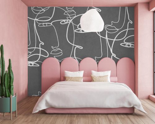 Abstract Line Art Faces in Gray Wallpaper Mural A10229100 for girl room