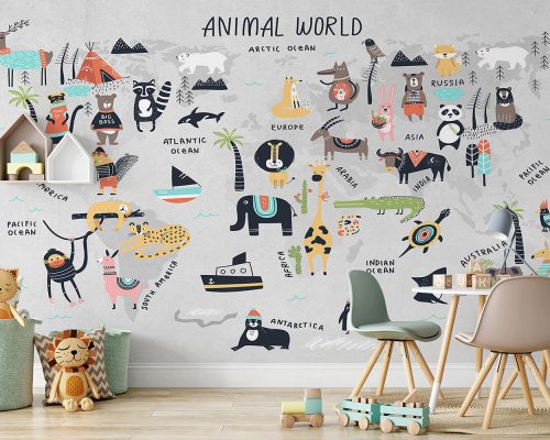 Cartoon Animals on Gray World Map Wallpaper Mural A10230600 for kids room