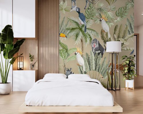 Cartoon Animals and Palm Trees in Cream Background Wallpaper Mural A10231800 for bedroom