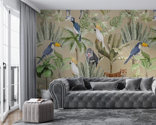 Cartoon Animals and Palm Trees in Cream Background Wallpaper Mural A10231800 for living room