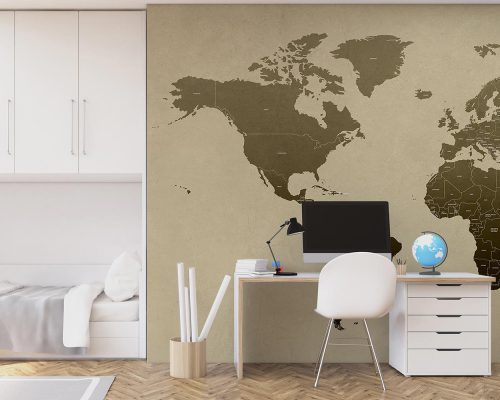 Black World Map in Cream Background Wallpaper Mural A10233000 for boy room