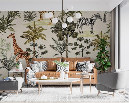Animals and Green Palm Trees in Gray Background Wallpaper Mural A10233700 for living room